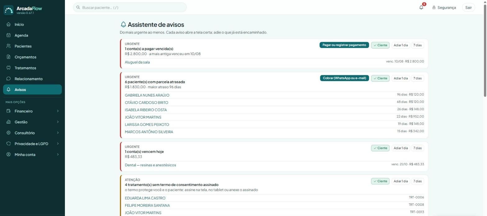 Tela do ArcadaFlow: Nada passa despercebido
